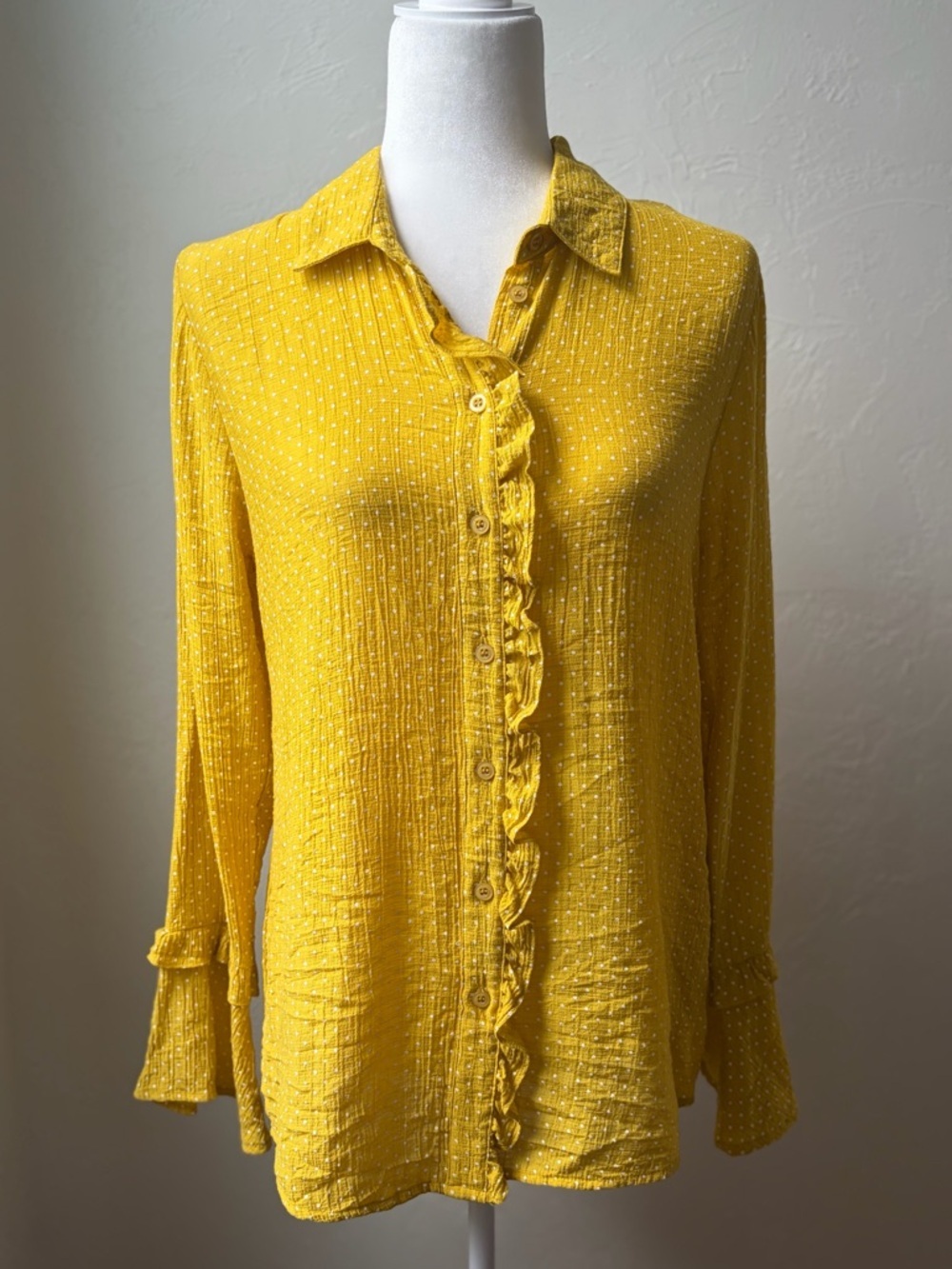 Kori America Yellow Polka Dot Ruffle Bell Sleeve Blouse Crinkle Texture Size S